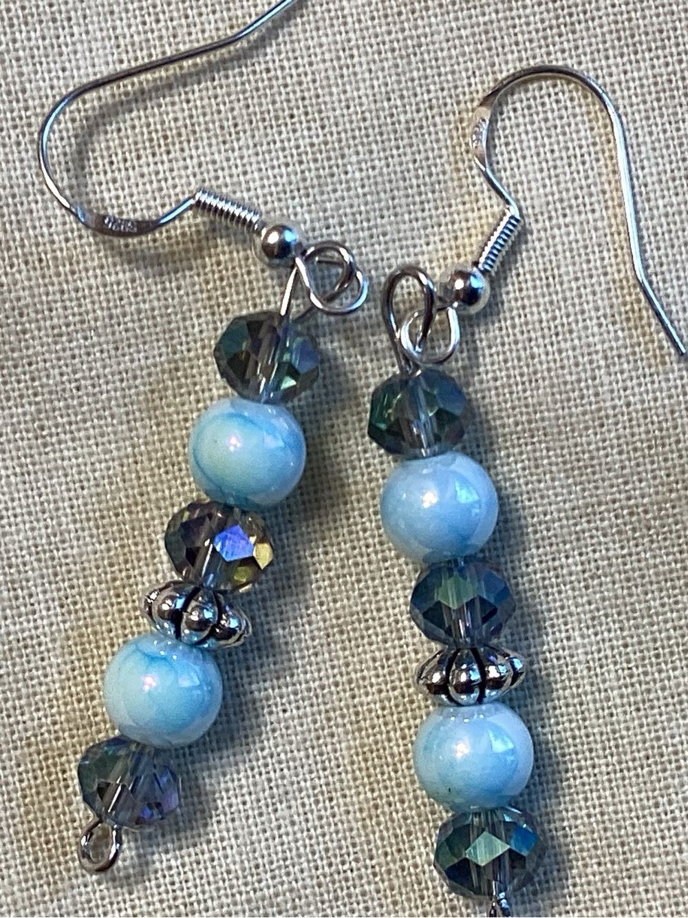 Steriling Silver Ear Wire Light Blue Bead and Crystal Drop Earrings